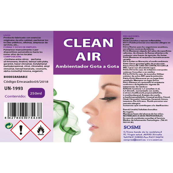 AMBIENTADOR GOTA A GOTA  CLEAN AIR 250 ML